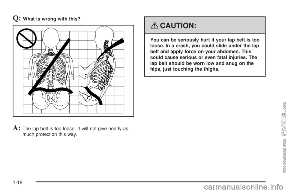 CHEVROLET KODIAK 2008 Owners Manual Q:What is wrong with this?
A:The lap belt is too loose. It will not give nearly as
much protection this way.
{CAUTION:
You can be seriously hurt if your lap belt is too
loose. In a crash, you could sl