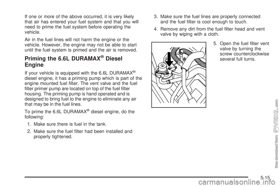 CHEVROLET KODIAK 2008 Owners Manual If one or more of the above occurred, it is very likely
that air has entered your fuel system and that you will
need to prime the fuel system before operating the
vehicle.
Air in the fuel lines will n CHEVROLET KODIAK 2008 Owners Manual If one or more of the above occurred, it is very likely
that air has entered your fuel system and that you will
need to prime the fuel system before operating the
vehicle.
Air in the fuel lines will n