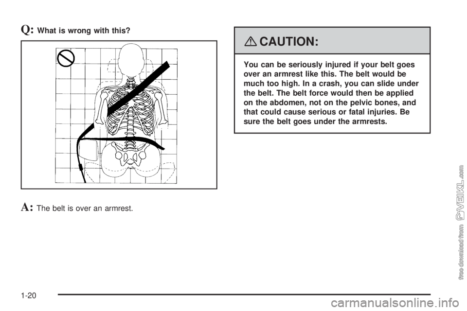 CHEVROLET KODIAK 2008 Owners Manual Q:What is wrong with this?
A:The belt is over an armrest.
{CAUTION:
You can be seriously injured if your belt goes
over an armrest like this. The belt would be
much too high. In a crash, you can slide