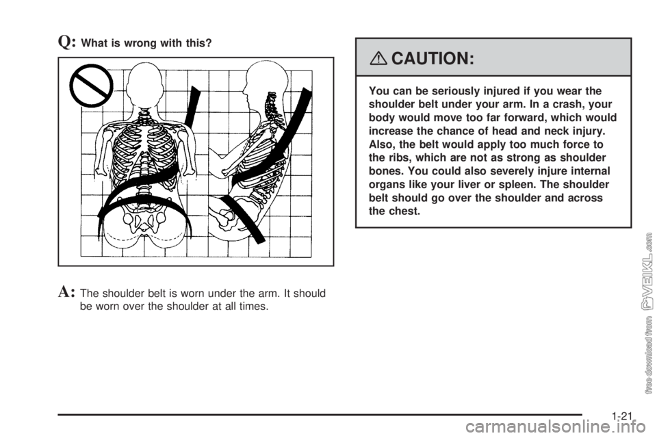 CHEVROLET KODIAK 2008 Owners Manual Q:What is wrong with this?
A:The shoulder belt is worn under the arm. It should
be worn over the shoulder at all times.
{CAUTION:
You can be seriously injured if you wear the
shoulder belt under your 