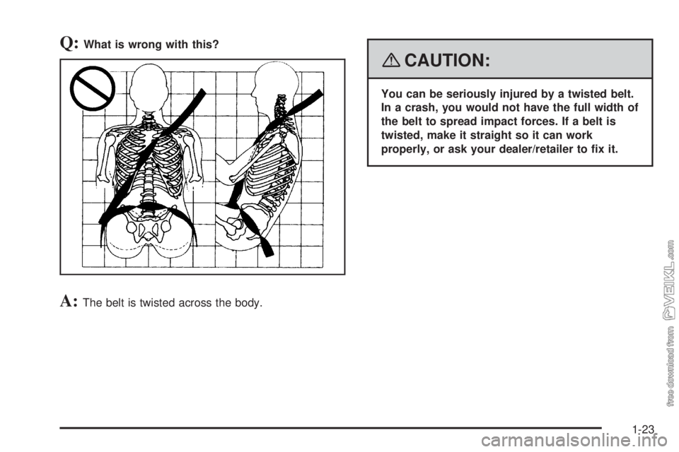 CHEVROLET KODIAK 2008 Owners Manual Q:What is wrong with this?
A:The belt is twisted across the body.
{CAUTION:
You can be seriously injured by a twisted belt.
In a crash, you would not have the full width of
the belt to spread impact f