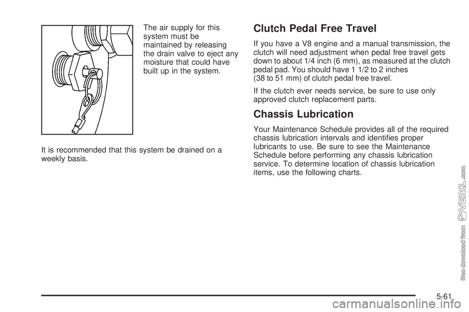 CHEVROLET KODIAK 2008  Owners Manual The air supply for this
system must be
maintained by releasing
the drain valve to eject any
moisture that could have
built up in the system.
It is recommended that this system be drained on a
weekly b