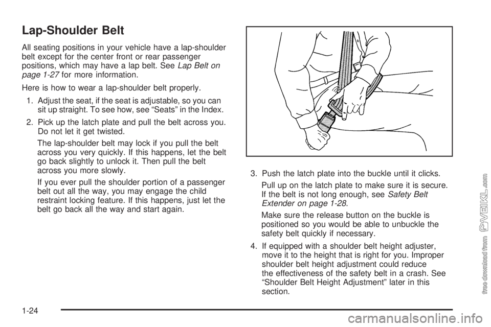 CHEVROLET KODIAK 2008 Owners Manual Lap-Shoulder Belt
All seating positions in your vehicle have a lap-shoulder
belt except for the center front or rear passenger
positions, which may have a lap belt. SeeLap Belt on
page 1-27for more in CHEVROLET KODIAK 2008 Owners Manual Lap-Shoulder Belt
All seating positions in your vehicle have a lap-shoulder
belt except for the center front or rear passenger
positions, which may have a lap belt. SeeLap Belt on
page 1-27for more in