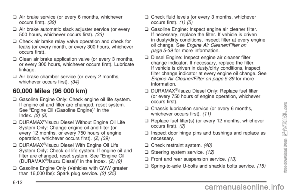CHEVROLET KODIAK 2008 Owners Manual ❑Air brake service (or every 6 months, whichever
occurs first).(32)
❑Air brake automatic slack adjuster service (or every
500 hours, whichever occurs first).(33)
❑Check air brake relay valve o CHEVROLET KODIAK 2008 Owners Manual ❑Air brake service (or every 6 months, whichever
occurs first).(32)
❑Air brake automatic slack adjuster service (or every
500 hours, whichever occurs first).(33)
❑Check air brake relay valve o