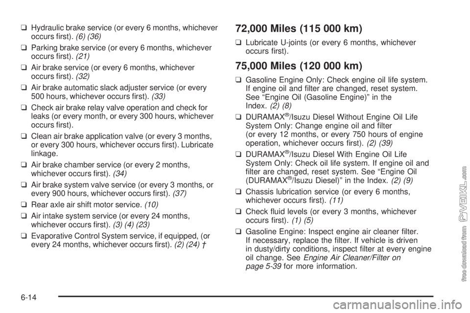 CHEVROLET KODIAK 2008 Owners Manual ❑Hydraulic brake service (or every 6 months, whichever
occurs first).(6) (36)
❑Parking brake service (or every 6 months, whichever
occurs first).(21)
❑Air brake service (or every 6 months, whi CHEVROLET KODIAK 2008 Owners Manual ❑Hydraulic brake service (or every 6 months, whichever
occurs first).(6) (36)
❑Parking brake service (or every 6 months, whichever
occurs first).(21)
❑Air brake service (or every 6 months, whi