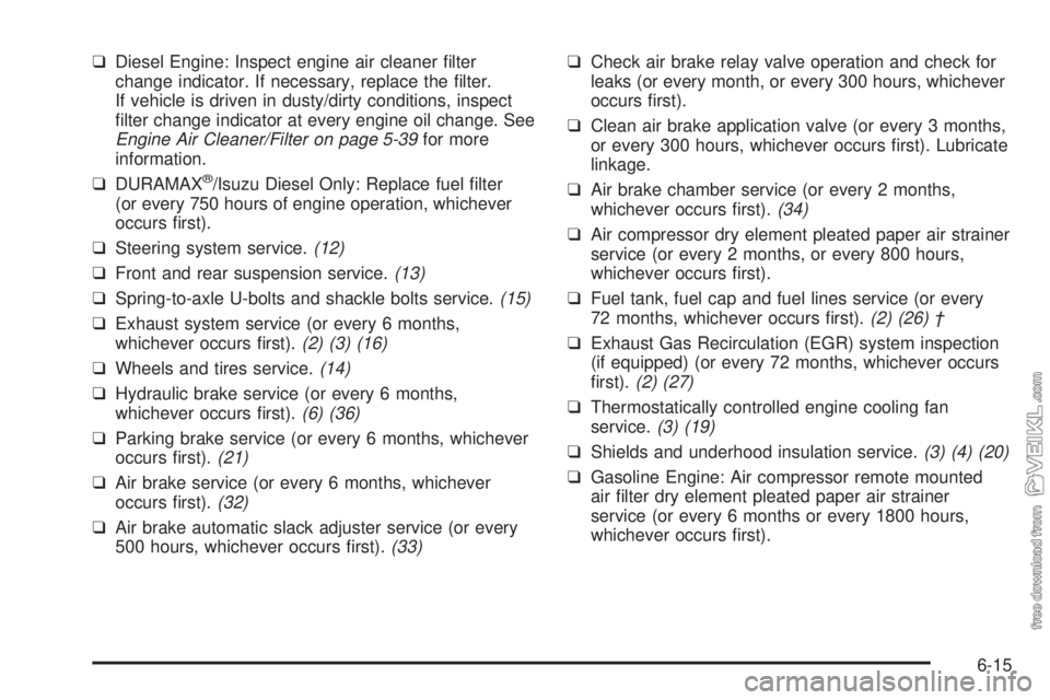 CHEVROLET KODIAK 2008 Owners Manual ❑Diesel Engine: Inspect engine air cleaner filter
change indicator. If necessary, replace the filter.
If vehicle is driven in dusty/dirty conditions, inspect
filter change indicator at every engi CHEVROLET KODIAK 2008 Owners Manual ❑Diesel Engine: Inspect engine air cleaner filter
change indicator. If necessary, replace the filter.
If vehicle is driven in dusty/dirty conditions, inspect
filter change indicator at every engi