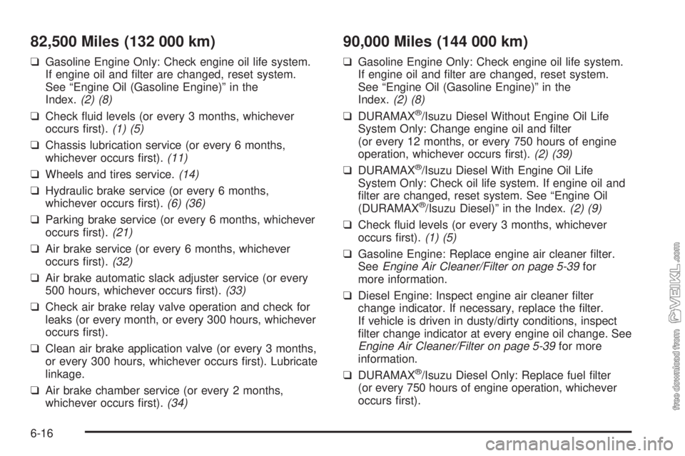 CHEVROLET KODIAK 2008 Owners Manual 82,500 Miles (132 000 km)
❑Gasoline Engine Only: Check engine oil life system.
If engine oil and filter are changed, reset system.
See “Engine Oil (Gasoline Engine)” in the
Index.(2) (8)
❑Che CHEVROLET KODIAK 2008 Owners Manual 82,500 Miles (132 000 km)
❑Gasoline Engine Only: Check engine oil life system.
If engine oil and filter are changed, reset system.
See “Engine Oil (Gasoline Engine)” in the
Index.(2) (8)
❑Che