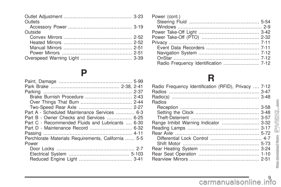 CHEVROLET KODIAK 2008  Owners Manual Outlet Adjustment............................................3-23
Outlets
Accessory Power.........................................3-19
Outside
Convex Mirrors...........................................