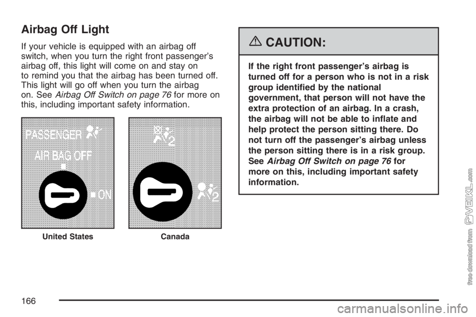 CHEVROLET KODIAK 2007 Owners Manual Airbag Off Light
If your vehicle is equipped with an airbag off
switch, when you turn the right front passenger’s
airbag off, this light will come on and stay on
to remind you that the airbag has be CHEVROLET KODIAK 2007 Owners Manual Airbag Off Light
If your vehicle is equipped with an airbag off
switch, when you turn the right front passenger’s
airbag off, this light will come on and stay on
to remind you that the airbag has be