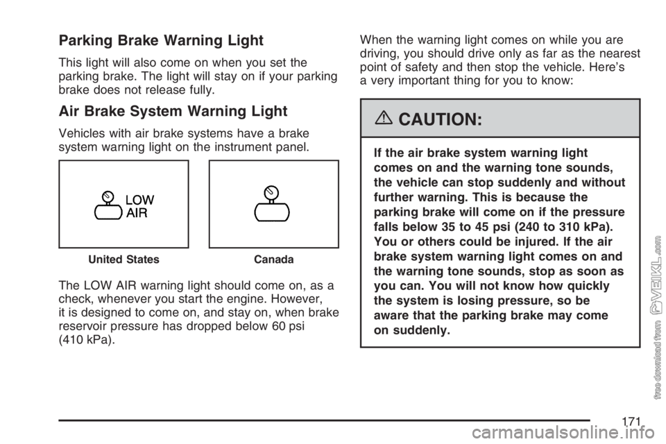 CHEVROLET KODIAK 2007 User Guide Parking Brake Warning Light
This light will also come on when you set the
parking brake. The light will stay on if your parking
brake does not release fully.
Air Brake System Warning Light
Vehicles wi