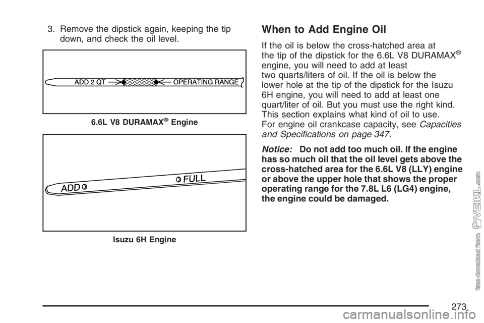 CHEVROLET KODIAK 2007 Owners Guide 3. Remove the dipstick again, keeping the tip
down, and check the oil level.When to Add Engine Oil
If the oil is below the cross-hatched area at
the tip of the dipstick for the 6.6L V8 DURAMAX®
engin