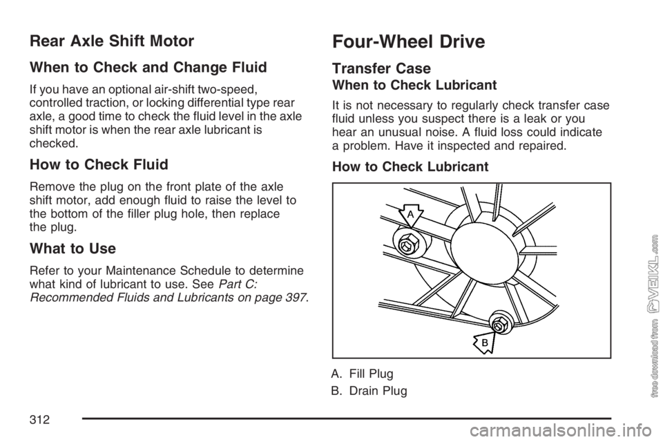 CHEVROLET KODIAK 2007 Owners Manual Rear Axle Shift Motor
When to Check and Change Fluid
If you have an optional air-shift two-speed,
controlled traction, or locking differential type rear
axle, a good time to check the fluid level in CHEVROLET KODIAK 2007 Owners Manual Rear Axle Shift Motor
When to Check and Change Fluid
If you have an optional air-shift two-speed,
controlled traction, or locking differential type rear
axle, a good time to check the fluid level in