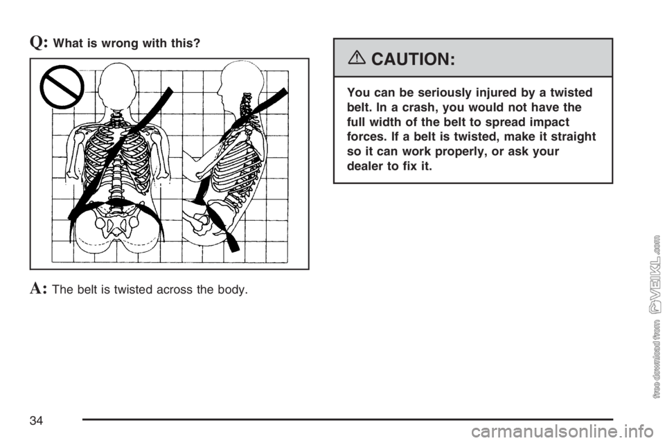 CHEVROLET KODIAK 2007 Owners Guide Q:What is wrong with this?
A:The belt is twisted across the body.
{CAUTION:
You can be seriously injured by a twisted
belt. In a crash, you would not have the
full width of the belt to spread impact
f