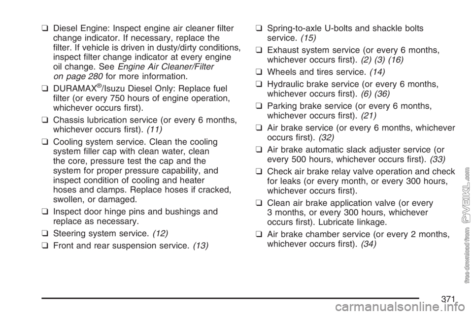 CHEVROLET KODIAK 2007 Repair Manual ❑Diesel Engine: Inspect engine air cleaner filter
change indicator. If necessary, replace the
filter. If vehicle is driven in dusty/dirty conditions,
inspect filter change indicator at every engi CHEVROLET KODIAK 2007 Repair Manual ❑Diesel Engine: Inspect engine air cleaner filter
change indicator. If necessary, replace the
filter. If vehicle is driven in dusty/dirty conditions,
inspect filter change indicator at every engi