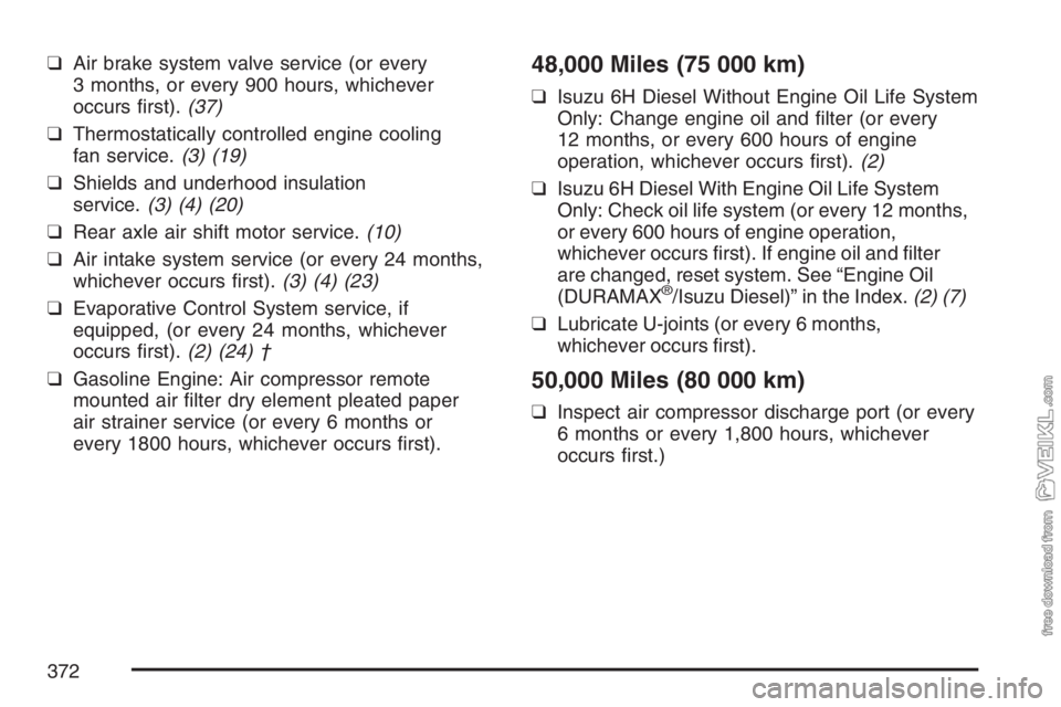 CHEVROLET KODIAK 2007 Repair Manual ❑Air brake system valve service (or every
3 months, or every 900 hours, whichever
occurs first).(37)
❑Thermostatically controlled engine cooling
fan service.(3) (19)
❑Shields and underhood insu CHEVROLET KODIAK 2007 Repair Manual ❑Air brake system valve service (or every
3 months, or every 900 hours, whichever
occurs first).(37)
❑Thermostatically controlled engine cooling
fan service.(3) (19)
❑Shields and underhood insu
