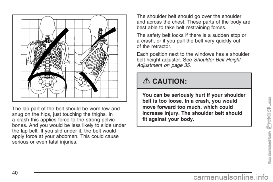 CHEVROLET KODIAK 2007  Owners Manual The lap part of the belt should be worn low and
snug on the hips, just touching the thighs. In
a crash this applies force to the strong pelvic
bones. And you would be less likely to slide under
the la