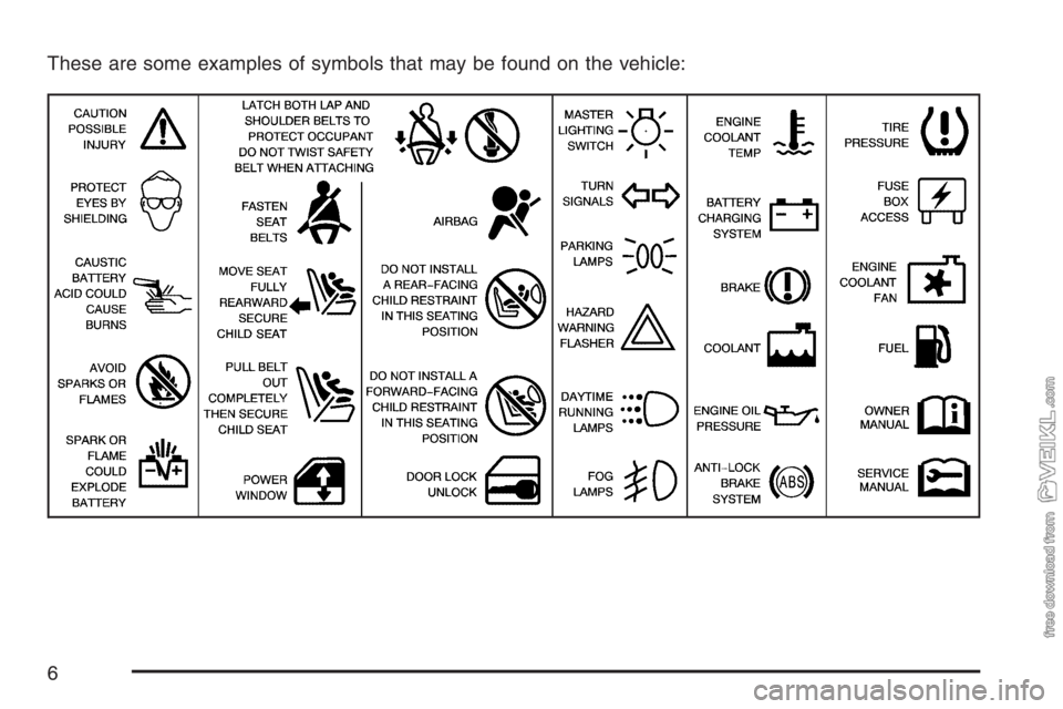 CHEVROLET KODIAK 2007 Owners Manual These are some examples of symbols that may be found on the vehicle:
6 CHEVROLET KODIAK 2007 Owners Manual These are some examples of symbols that may be found on the vehicle:
6