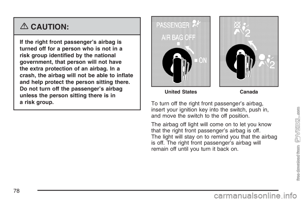 CHEVROLET KODIAK 2007 Manual PDF {CAUTION:
If the right front passenger’s airbag is
turned off for a person who is not in a
risk group identi�ed by the national
government, that person will not have
the extra protection of an airba