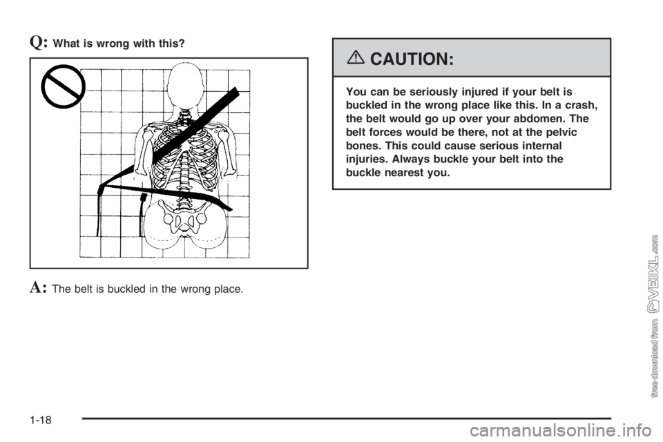 CHEVROLET KODIAK 2006 Owners Manual Q:What is wrong with this?
A:The belt is buckled in the wrong place.
{CAUTION:
You can be seriously injured if your belt is
buckled in the wrong place like this. In a crash,
the belt would go up over 