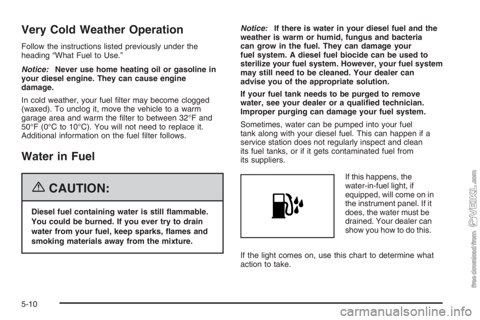 CHEVROLET KODIAK 2006  Owners Manual Very Cold Weather Operation
Follow the instructions listed previously under the
heading “What Fuel to Use.”
Notice:Never use home heating oil or gasoline in
your diesel engine. They can cause engi