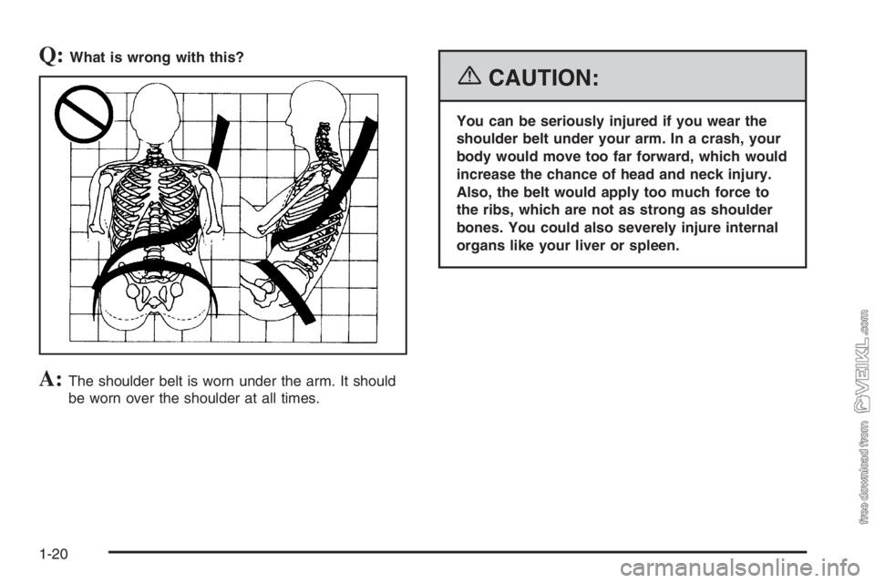 CHEVROLET KODIAK 2006 Owners Manual Q:What is wrong with this?
A:The shoulder belt is worn under the arm. It should
be worn over the shoulder at all times.
{CAUTION:
You can be seriously injured if you wear the
shoulder belt under your 