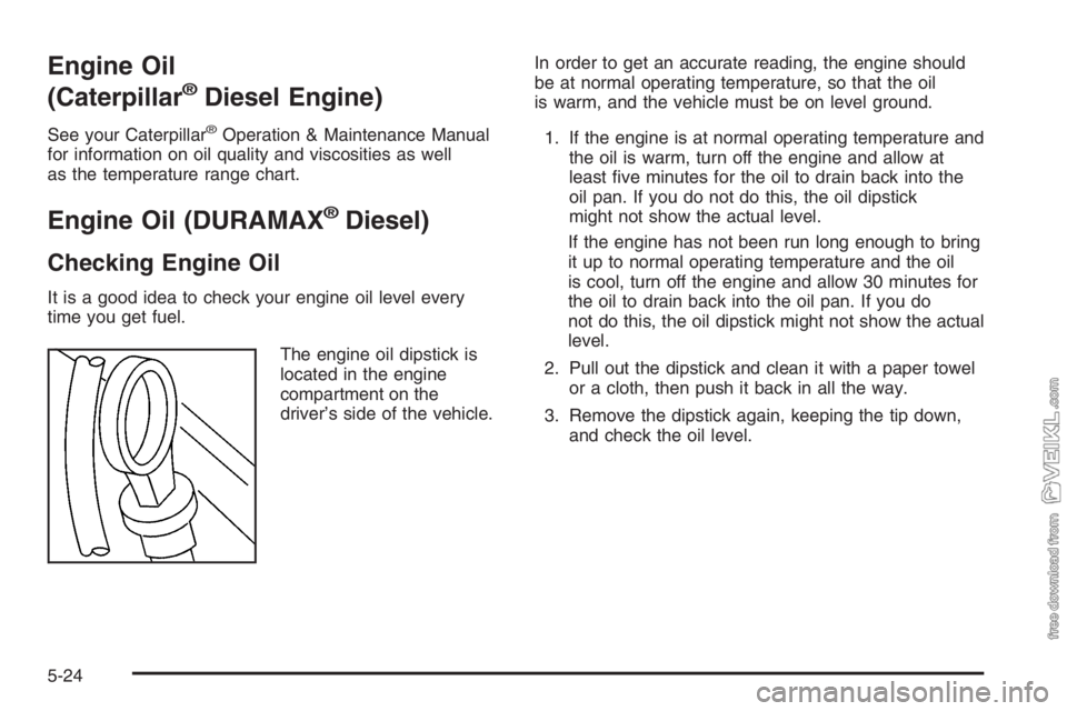 CHEVROLET KODIAK 2006 Owners Guide Engine Oil
(Caterpillar
®Diesel Engine)
See your Caterpillar®Operation & Maintenance Manual
for information on oil quality and viscosities as well
as the temperature range chart.
Engine Oil (DURAMAX