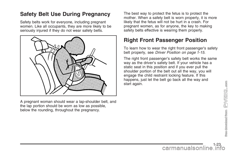 CHEVROLET KODIAK 2006 Owners Manual Safety Belt Use During Pregnancy
Safety belts work for everyone, including pregnant
women. Like all occupants, they are more likely to be
seriously injured if they do not wear safety belts.
A pregnant CHEVROLET KODIAK 2006 Owners Manual Safety Belt Use During Pregnancy
Safety belts work for everyone, including pregnant
women. Like all occupants, they are more likely to be
seriously injured if they do not wear safety belts.
A pregnant