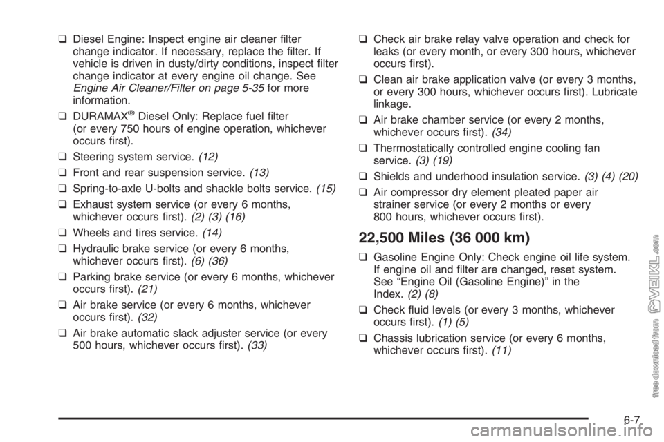 CHEVROLET KODIAK 2006 Owners Manual ❑Diesel Engine: Inspect engine air cleaner filter
change indicator. If necessary, replace the filter. If
vehicle is driven in dusty/dirty conditions, inspect filter
change indicator at every engi CHEVROLET KODIAK 2006 Owners Manual ❑Diesel Engine: Inspect engine air cleaner filter
change indicator. If necessary, replace the filter. If
vehicle is driven in dusty/dirty conditions, inspect filter
change indicator at every engi