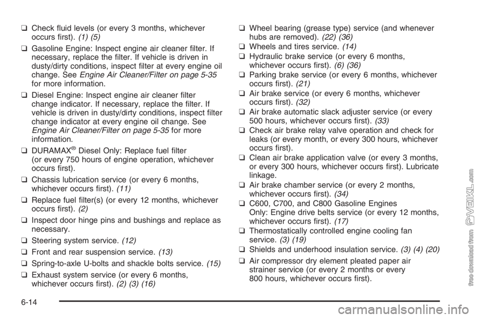 CHEVROLET KODIAK 2006 Owners Manual ❑Check fluid levels (or every 3 months, whichever
occurs first).(1) (5)
❑Gasoline Engine: Inspect engine air cleaner filter. If
necessary, replace the filter. If vehicle is driven in
dusty/dir CHEVROLET KODIAK 2006 Owners Manual ❑Check fluid levels (or every 3 months, whichever
occurs first).(1) (5)
❑Gasoline Engine: Inspect engine air cleaner filter. If
necessary, replace the filter. If vehicle is driven in
dusty/dir