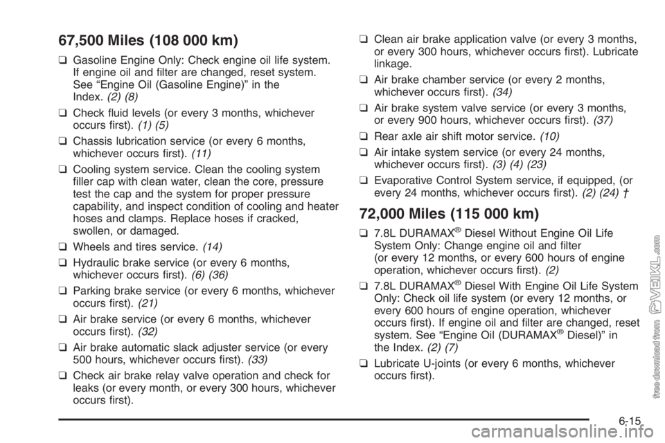 CHEVROLET KODIAK 2006 Repair Manual 67,500 Miles (108 000 km)
❑Gasoline Engine Only: Check engine oil life system.
If engine oil and filter are changed, reset system.
See “Engine Oil (Gasoline Engine)” in the
Index.(2) (8)
❑Che CHEVROLET KODIAK 2006 Repair Manual 67,500 Miles (108 000 km)
❑Gasoline Engine Only: Check engine oil life system.
If engine oil and filter are changed, reset system.
See “Engine Oil (Gasoline Engine)” in the
Index.(2) (8)
❑Che