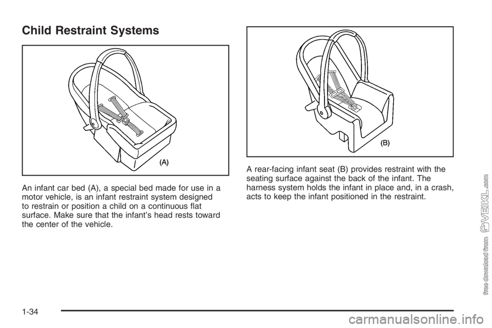 CHEVROLET KODIAK 2006 Owners Guide Child Restraint Systems
An infant car bed (A), a special bed made for use in a
motor vehicle, is an infant restraint system designed
to restrain or position a child on a continuous ﬂat
surface. Make