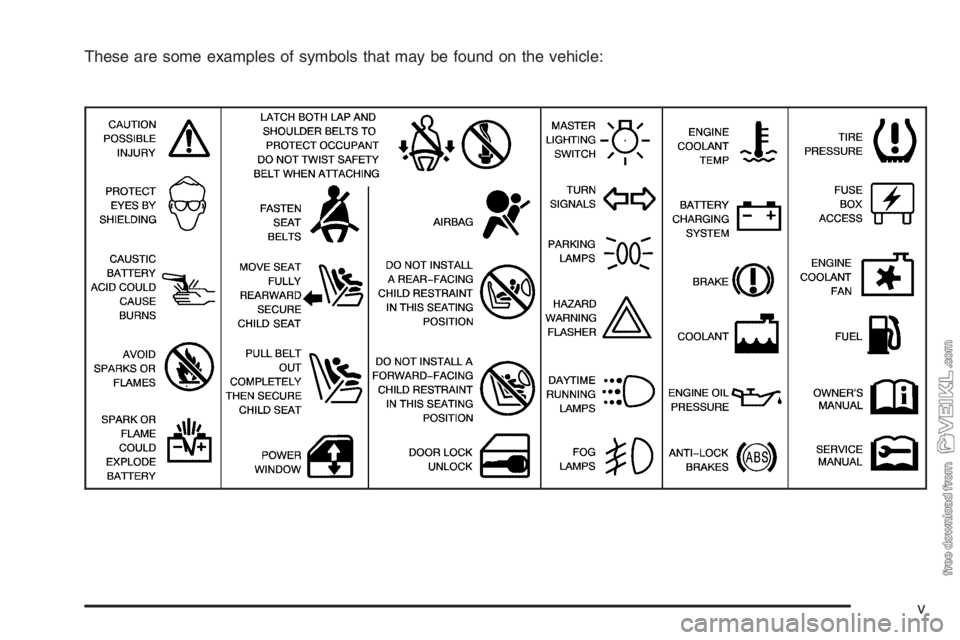 CHEVROLET KODIAK 2006 Owners Manual These are some examples of symbols that may be found on the vehicle:
v CHEVROLET KODIAK 2006 Owners Manual These are some examples of symbols that may be found on the vehicle:
v