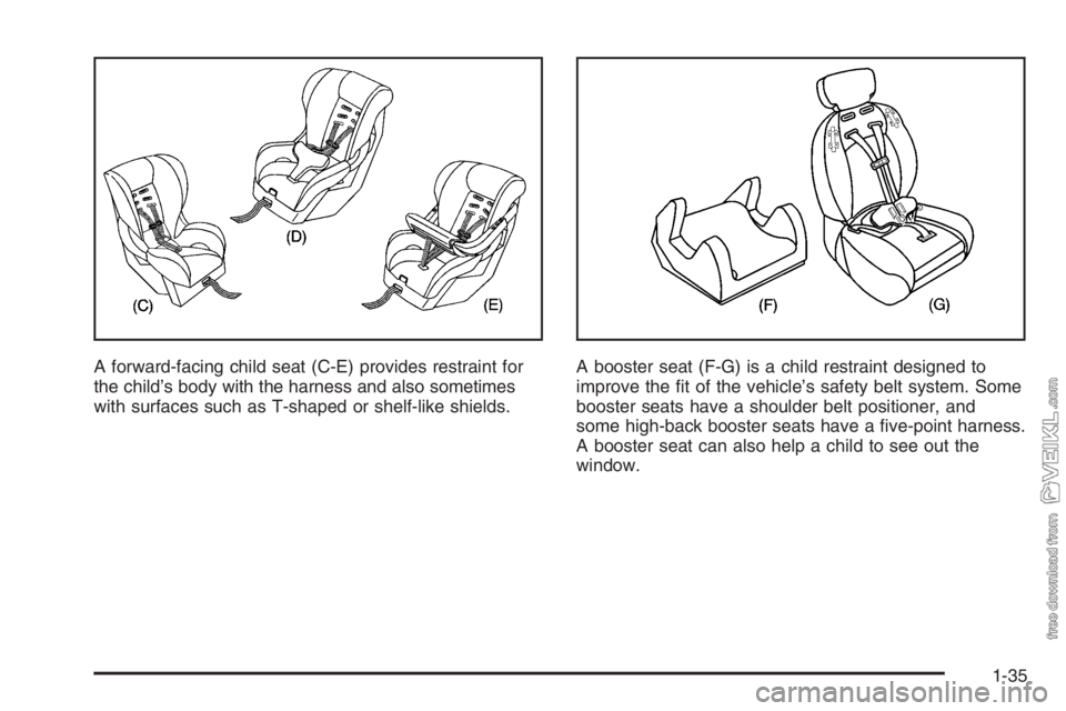 CHEVROLET KODIAK 2006 Service Manual A forward-facing child seat (C-E) provides restraint for
the child’s body with the harness and also sometimes
with surfaces such as T-shaped or shelf-like shields.A booster seat (F-G) is a child res