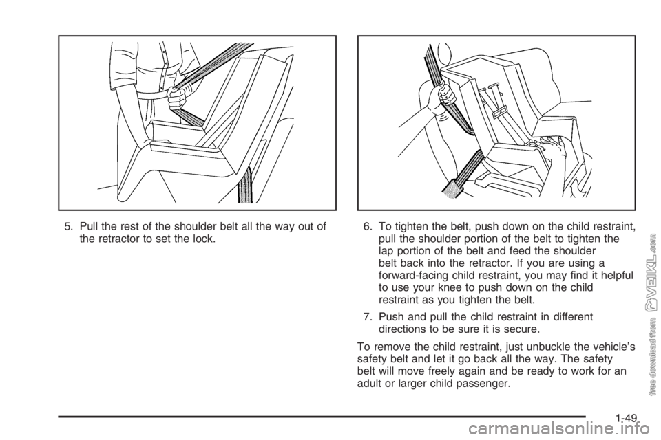 CHEVROLET KODIAK 2006 Workshop Manual 5. Pull the rest of the shoulder belt all the way out of
the retractor to set the lock.6. To tighten the belt, push down on the child restraint,
pull the shoulder portion of the belt to tighten the
la