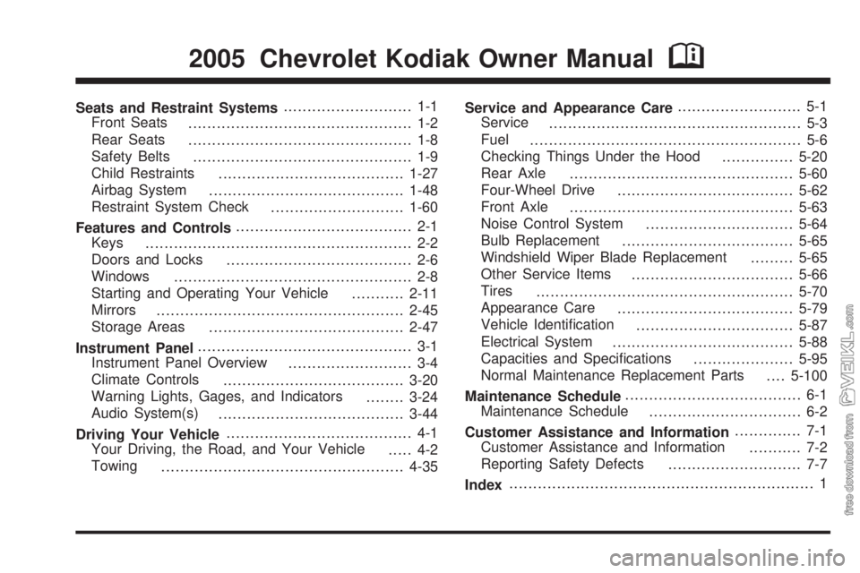 CHEVROLET KODIAK 2005  Owners Manual Seats and Restraint Systems........................... 1-1
Front Seats
............................................... 1-2
Rear Seats
............................................... 1-8
Safety Belts
.