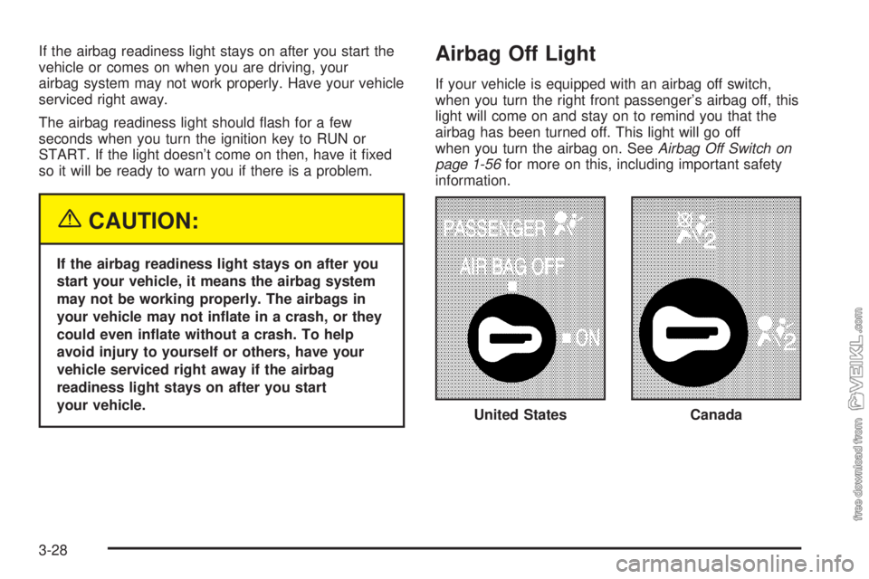 CHEVROLET KODIAK 2005 Owners Manual If the airbag readiness light stays on after you start the
vehicle or comes on when you are driving, your
airbag system may not work properly. Have your vehicle
serviced right away.
The airbag readine CHEVROLET KODIAK 2005 Owners Manual If the airbag readiness light stays on after you start the
vehicle or comes on when you are driving, your
airbag system may not work properly. Have your vehicle
serviced right away.
The airbag readine