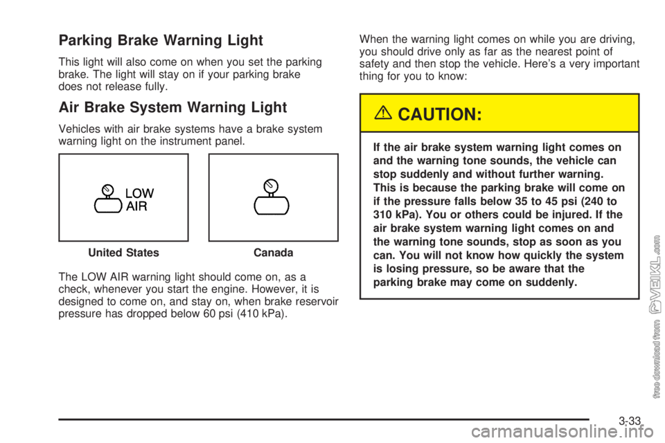 CHEVROLET KODIAK 2005 User Guide Parking Brake Warning Light
This light will also come on when you set the parking
brake. The light will stay on if your parking brake
does not release fully.
Air Brake System Warning Light
Vehicles wi CHEVROLET KODIAK 2005 User Guide Parking Brake Warning Light
This light will also come on when you set the parking
brake. The light will stay on if your parking brake
does not release fully.
Air Brake System Warning Light
Vehicles wi