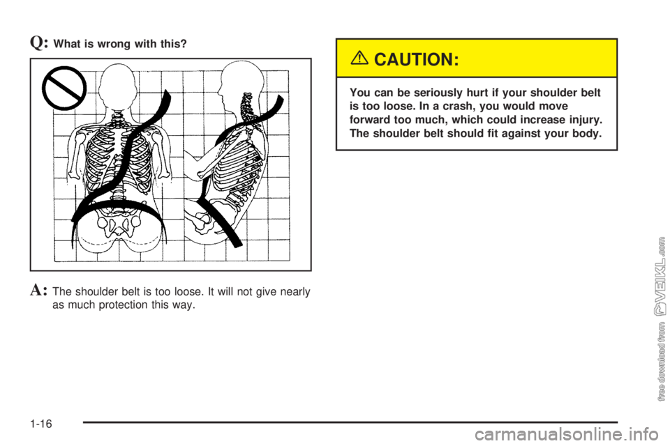 CHEVROLET KODIAK 2005 Owners Manual Q:What is wrong with this?
A:The shoulder belt is too loose. It will not give nearly
as much protection this way.
{CAUTION:
You can be seriously hurt if your shoulder belt
is too loose. In a crash, yo