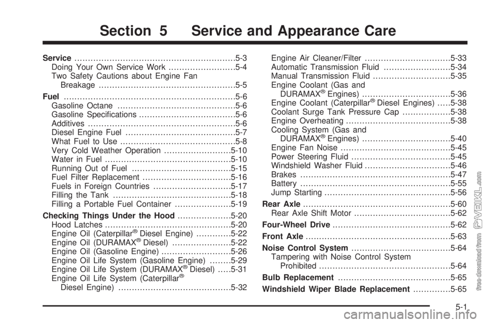 CHEVROLET KODIAK 2005  Owners Manual Service............................................................5-3
Doing Your Own Service Work.........................5-4
Two Safety Cautions about Engine Fan
Breakage............................