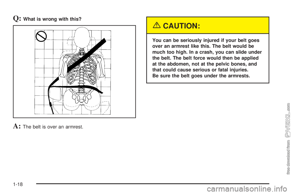 CHEVROLET KODIAK 2005 Owners Manual Q:What is wrong with this?
A:The belt is over an armrest.
{CAUTION:
You can be seriously injured if your belt goes
over an armrest like this. The belt would be
much too high. In a crash, you can slide