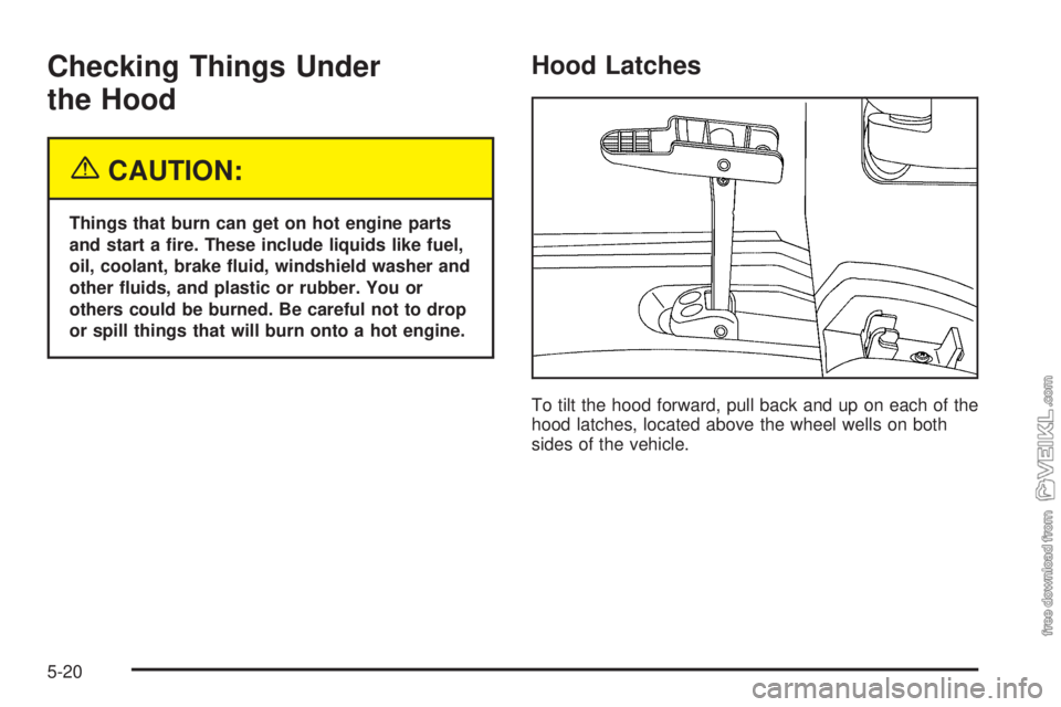 CHEVROLET KODIAK 2005  Owners Manual Checking Things Under
the Hood
{CAUTION:
Things that burn can get on hot engine parts
and start a �re. These include liquids like fuel,
oil, coolant, brake �uid, windshield washer and
other �uids, and