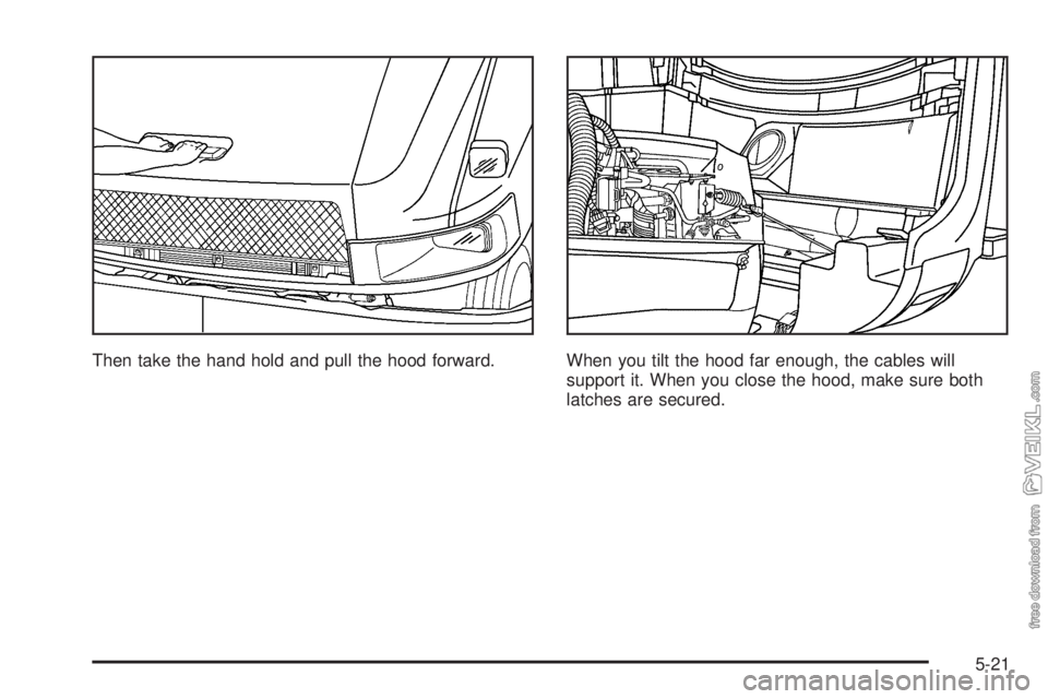 CHEVROLET KODIAK 2005  Owners Manual Then take the hand hold and pull the hood forward. When you tilt the hood far enough, the cables will
support it. When you close the hood, make sure both
latches are secured.
5-21 