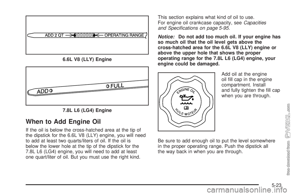 CHEVROLET KODIAK 2005  Owners Manual When to Add Engine Oil
If the oil is below the cross-hatched area at the tip of
the dipstick for the 6.6L V8 (LLY) engine, you will need
to add at least two quarts/liters of oil. If the oil is
below t