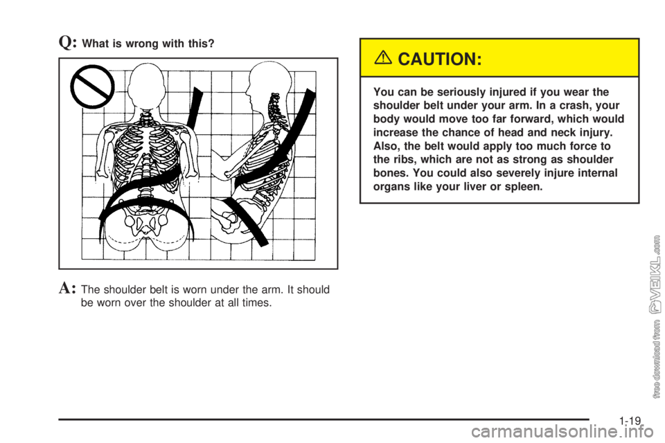 CHEVROLET KODIAK 2005 Owners Manual Q:What is wrong with this?
A:The shoulder belt is worn under the arm. It should
be worn over the shoulder at all times.
{CAUTION:
You can be seriously injured if you wear the
shoulder belt under your 