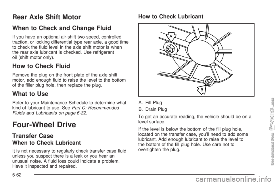 CHEVROLET KODIAK 2005 Owners Manual Rear Axle Shift Motor
When to Check and Change Fluid
If you have an optional air-shift two-speed, controlled
traction, or locking differential type rear axle, a good time
to check the fluid level in CHEVROLET KODIAK 2005 Owners Manual Rear Axle Shift Motor
When to Check and Change Fluid
If you have an optional air-shift two-speed, controlled
traction, or locking differential type rear axle, a good time
to check the fluid level in
