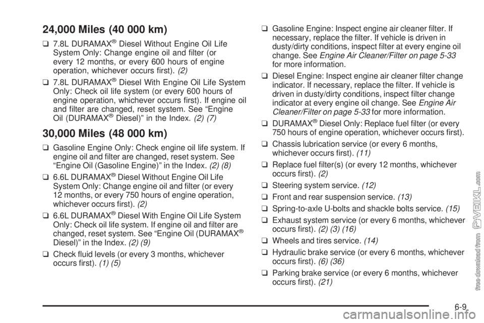 CHEVROLET KODIAK 2005 User Guide 24,000 Miles (40 000 km)
❑7.8L DURAMAX®Diesel Without Engine Oil Life
System Only: Change engine oil and filter (or
every 12 months, or every 600 hours of engine
operation, whichever occurs first CHEVROLET KODIAK 2005 User Guide 24,000 Miles (40 000 km)
❑7.8L DURAMAX®Diesel Without Engine Oil Life
System Only: Change engine oil and filter (or
every 12 months, or every 600 hours of engine
operation, whichever occurs first