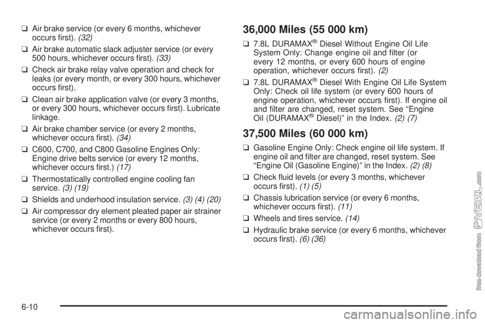 CHEVROLET KODIAK 2005 Owners Manual ❑Air brake service (or every 6 months, whichever
occurs first).(32)
❑Air brake automatic slack adjuster service (or every
500 hours, whichever occurs first).(33)
❑Check air brake relay valve o CHEVROLET KODIAK 2005 Owners Manual ❑Air brake service (or every 6 months, whichever
occurs first).(32)
❑Air brake automatic slack adjuster service (or every
500 hours, whichever occurs first).(33)
❑Check air brake relay valve o