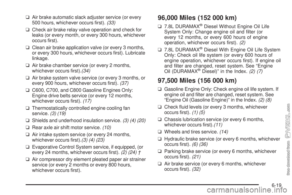 CHEVROLET KODIAK 2005 User Guide ❑Air brake automatic slack adjuster service (or every
500 hours, whichever occurs first).(33)
❑Check air brake relay valve operation and check for
leaks (or every month, or every 300 hours, which CHEVROLET KODIAK 2005 User Guide ❑Air brake automatic slack adjuster service (or every
500 hours, whichever occurs first).(33)
❑Check air brake relay valve operation and check for
leaks (or every month, or every 300 hours, which