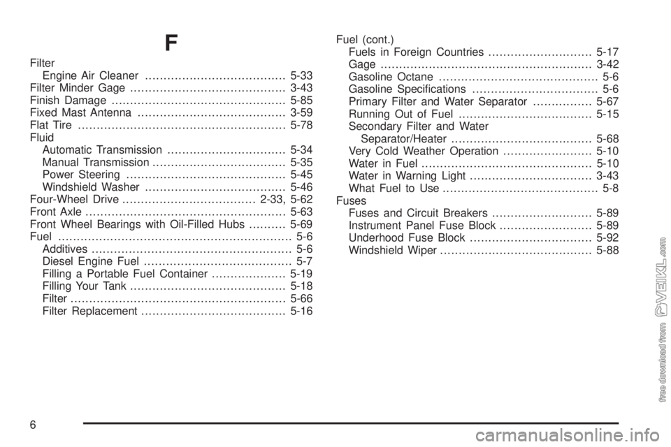 CHEVROLET KODIAK 2005  Owners Manual F
Filter
Engine Air Cleaner......................................5-33
Filter Minder Gage..........................................3-43
Finish Damage...............................................5-85
