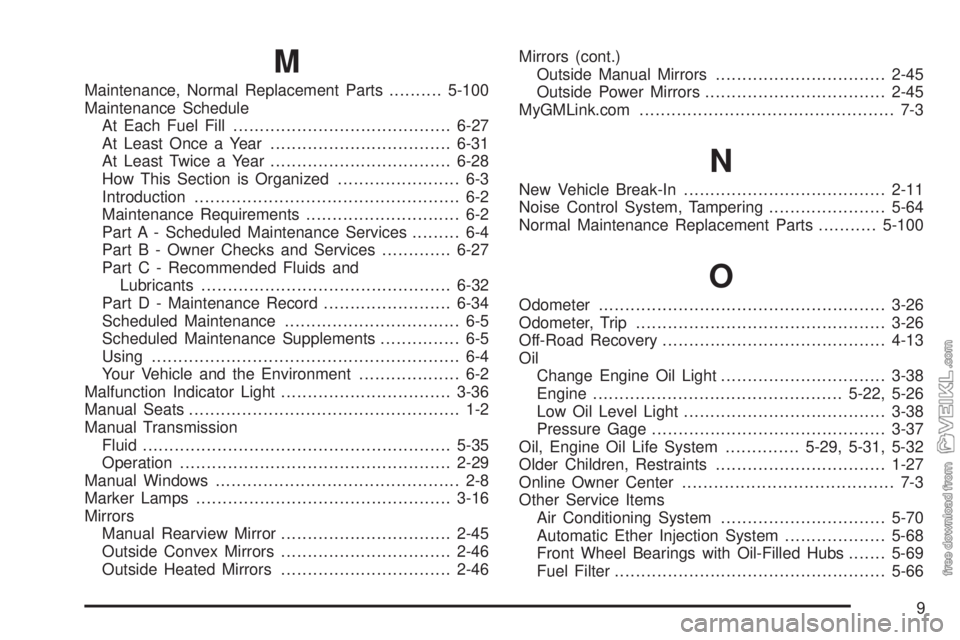 CHEVROLET KODIAK 2005  Owners Manual M
Maintenance, Normal Replacement Parts..........5-100
Maintenance Schedule
At Each Fuel Fill.........................................6-27
At Least Once a Year..................................6-31
At